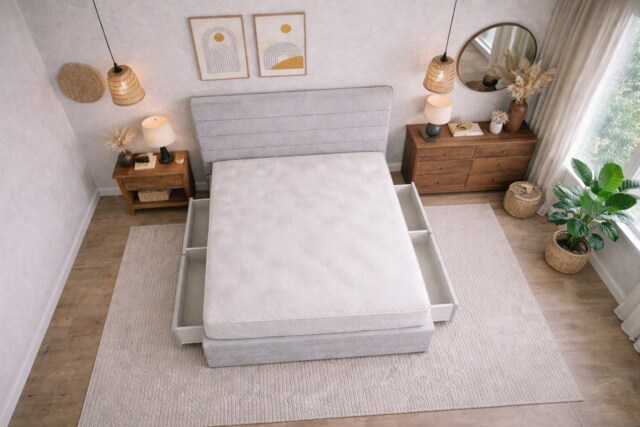 Divan Bed Set Headboard and Footboard with Mattress 3ft Single Silver Suede Storage 2 Drawers Right Side Laying in Bed