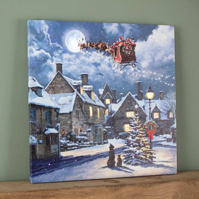 40 x 40cm Battery Operated Light up Christmas Santa & Dog Scene Wall Art with LEDs