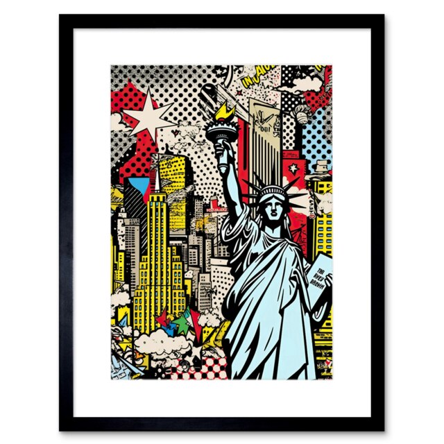 "New York Skyline Statue of Liberty Pop Art Comic Style 9x7"" Black Framed Wall Art Print"