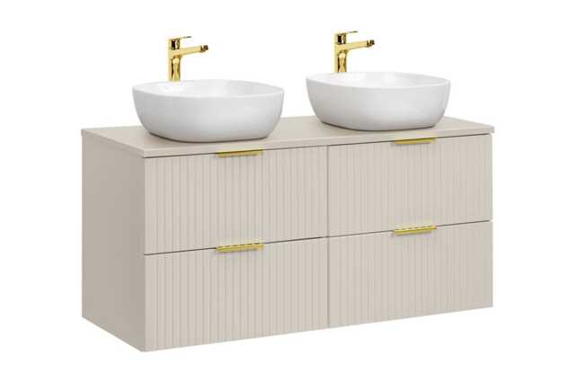 Double Vanity Unit with Basins 1200mm Fluted Beige Bathroom Sink Cabinet Countertop Worktop 4 Drawers Wall Storage Adel