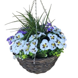 Best Artificial 14 Inch Purple & White Faux Pansy Flower with Rattan Wicker Hanging Basket for Indoor or Outdoor Use Purple Purple and White 1