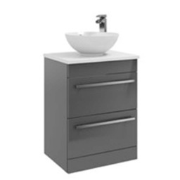 2-Drawer Floor Standing Vanity Unit with Sit-On Basin and Worktop 600mm Wide - Storm Grey Gloss - Brassware Not Included Grey Grey 1