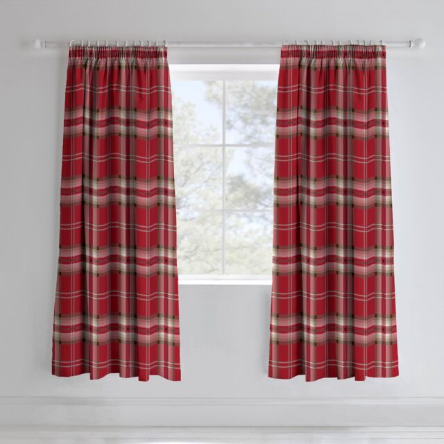 Catherine Lansfield Kelso Check Lined Pencil Pleat Curtains Red