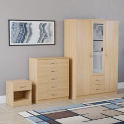 Vida Designs Riano 3 Piece Bedroom Set (1 Drawer Bedside Chest, 5 Drawer Chest, 3 Door 2 Drawer Mirrored Wardrobe) - Pine