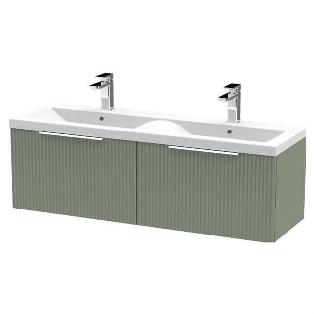 Balterley Tixall Fluted 2 Drawer Wall Hung Vanity Unit with Double Basin, Satin Green, 1200mm