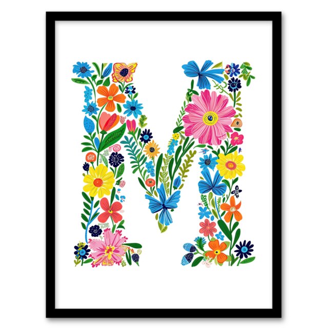 Letter M Flowers Garden Birthday Gift Mum Black Framed Wall Art Print A4