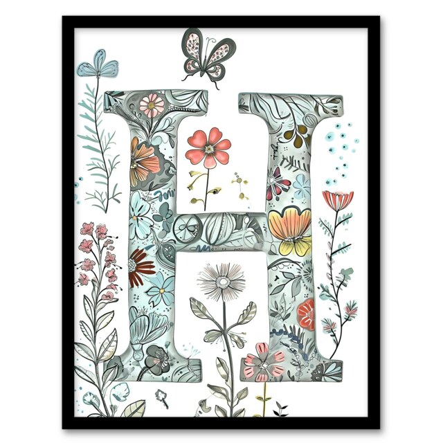 Letter H Flower Butterfly Floral Birthday Gift Mum Black Framed Wall Art Print A4