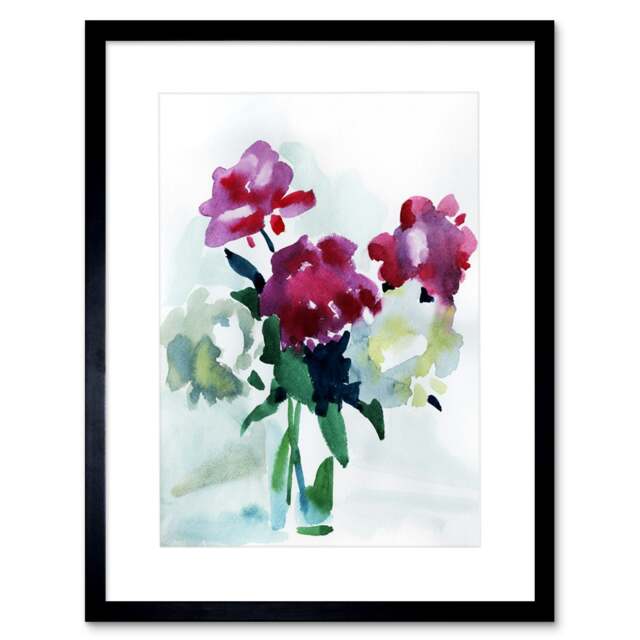 "Flower Bouquet Vase Watercolour Peonies 9x7"" Black Framed Wall Art Print"