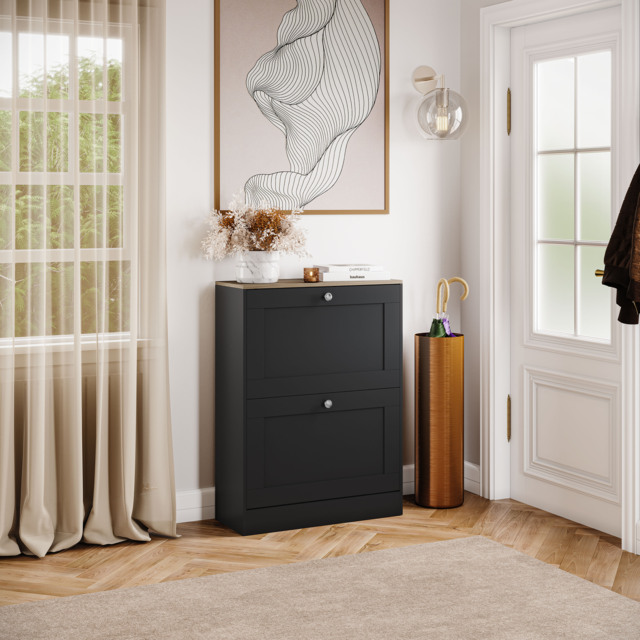 Vida Designs 2 Drawer Shoe Organise Hallway Storage Cabinet, Black & Oak
