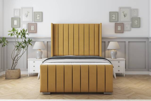 "Sloomy Melbourne Mustard Plush Bed Frame With Mattress With 50"" Upholstered Wingback Headboard 3' Single"
