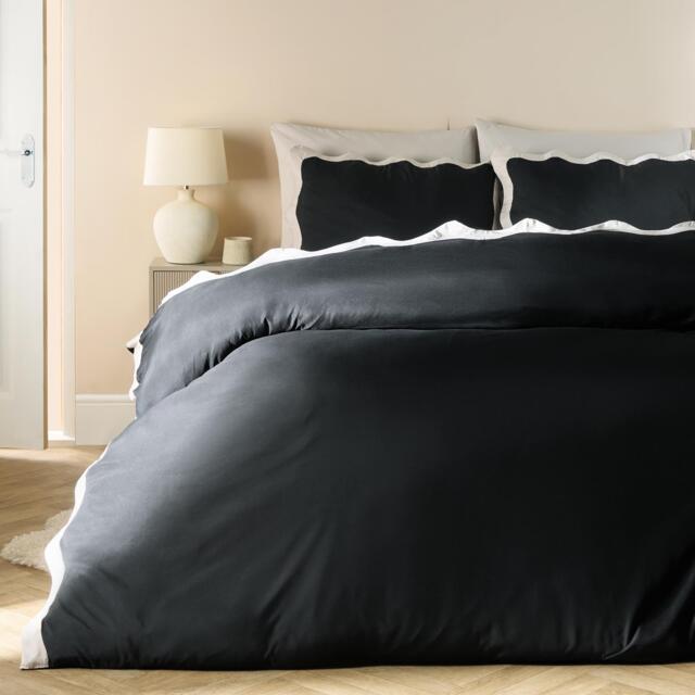 OHS Wavy Edge Bedding Set Microfibre Duvet Cover with Pillowcase Black Black/Stone Single