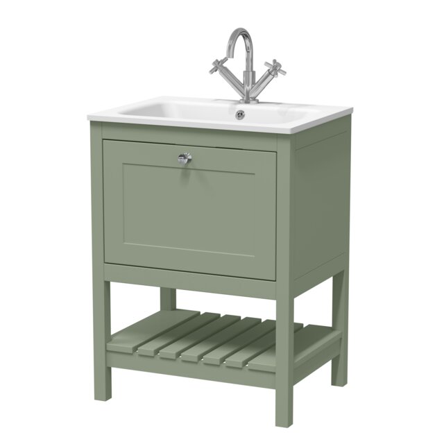 Balterley Coppenhall Contemporary 1 Drawer Floor Standing Vanity Unit with Stone Basin, Fern Green, 600mm