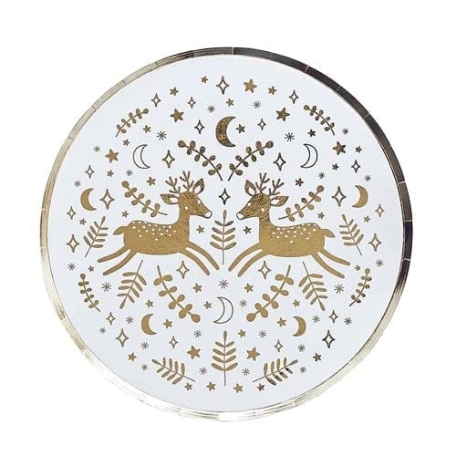 Gold Foil Christmas Reindeer Round Paper Plates 23cm - Pack of 8