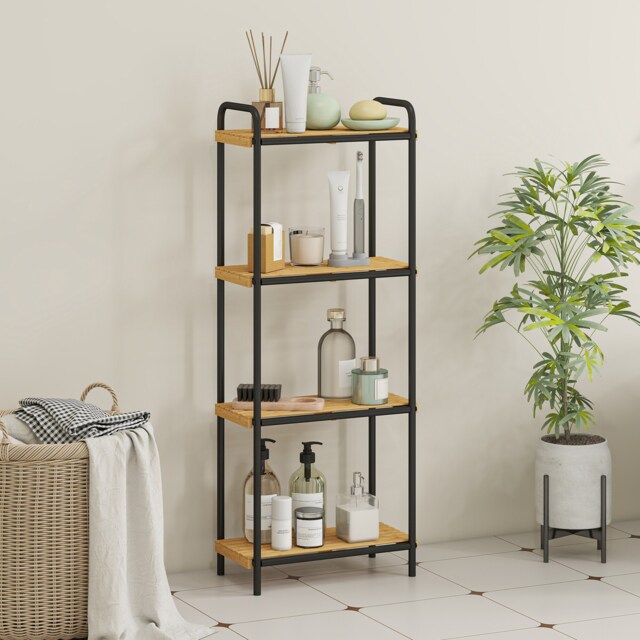 HOMCOM 4-Tier Bamboo Bathroom Storage Shelf, Freestanding Narrow Shelving Unit with Slatted Shelves for Kitchen Bathroom Living Room, 41.5 x 21.5 x 106 cm, Natural and Black Black
