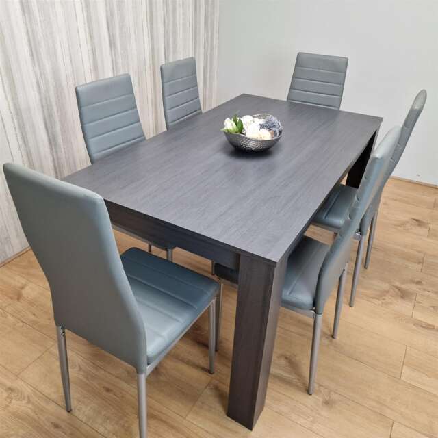 Dining Table and 6 Chairs Black Dark Grey 6 Grey Faux Leather Chairs Wood Dining Set Furniture