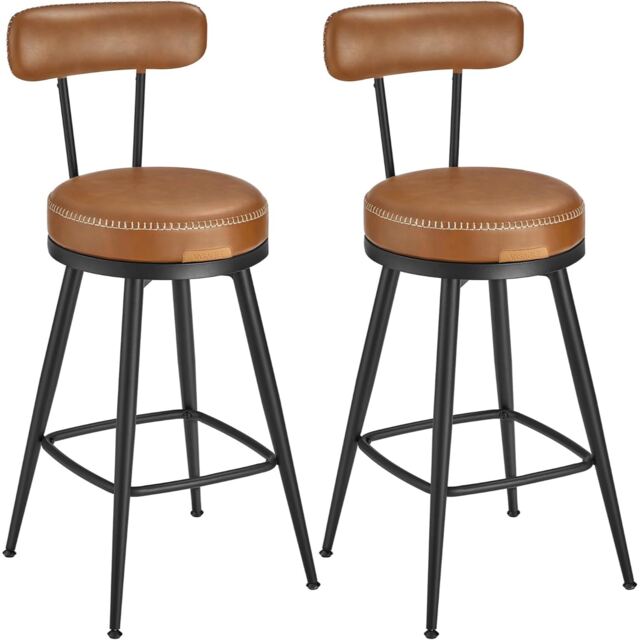 Counter Bar Chairs Set of 2, Swivel Stools with Backrests, Synthetic Leather and Stitch Detailing, Caramel Brown