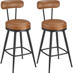 Counter Bar Chairs Set of 2, Swivel Stools with Backrests, Synthetic Leather and Stitch Detailing, Caramel Brown