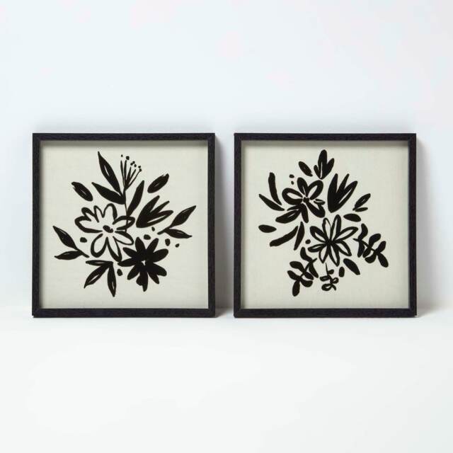 Homescapes Set of 2 Black Linen Flower Wall Art