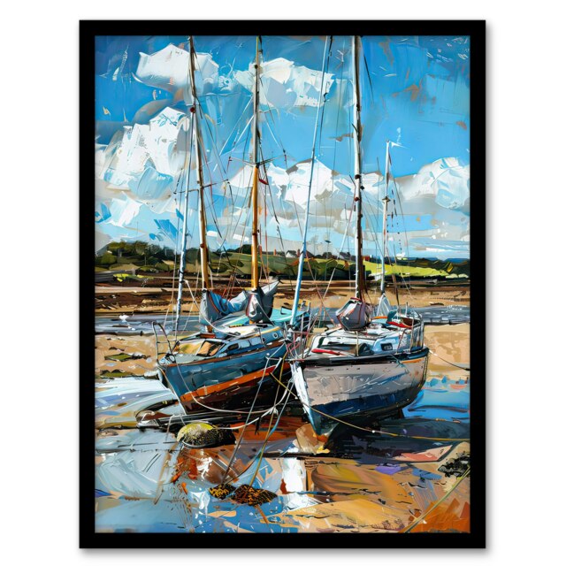 Two Sailboats On Alnmouth Beach Coastal Black Framed Wall Art Print A4