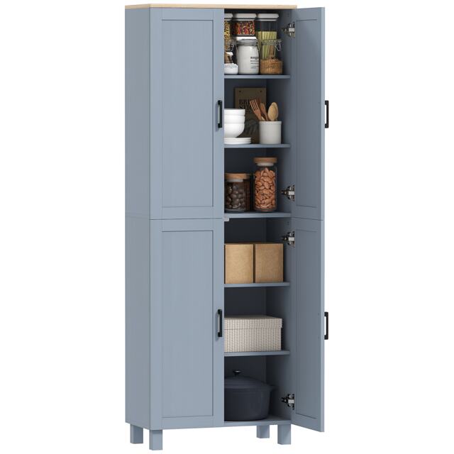 HOMCOM Freestanding Kitchen Cupboard, 4-Door Storage Cabinet with Adjustable Shelves, Modern Kitchen Pantry for Dining Room, 170cm, Grey Wood Effect Grey Grey