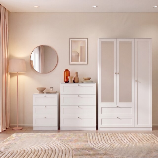 Vida Designs Altino 3 Piece Bedroom Set (3 Drawer Bedside, 4 Drawer Chest, 3 Door 2 Drawer Mirrored Wardrobe), White