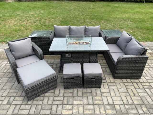 Fimous Garden Patio Furniture Wicker Rattan Gas Fire Pit Table and Sofa Chair set with 2 Side Tables 3 Footstool