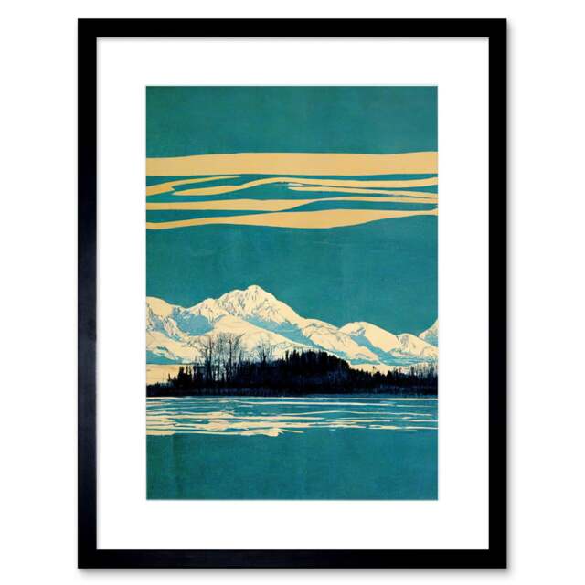 "Winter Lakeside Landscape Snowy Mountains Teal 9x7"" Black Framed Wall Art Print"
