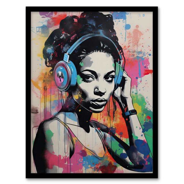 Woman Wearing Headphones Splat Art Colourful Black Framed Wall Art Print A4