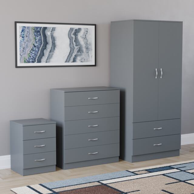Vida Designs Riano 3 Piece Bedroom Set (3 Drawer Bedside Chest, 5 Drawer Chest, 2 Door 2 Drawer Wardrobe) - Grey