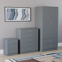 Vida Designs Riano 3 Piece Bedroom Set (3 Drawer Bedside Chest, 5 Drawer Chest, 2 Door 2 Drawer Wardrobe) - Grey