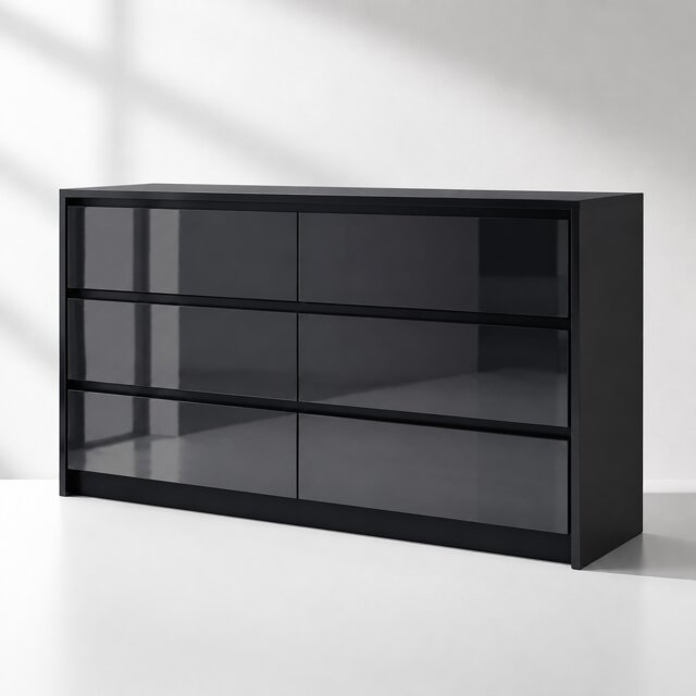 LUXURY Black High Gloss Sleek Handleless 6 Drawer Chest Of Drawers