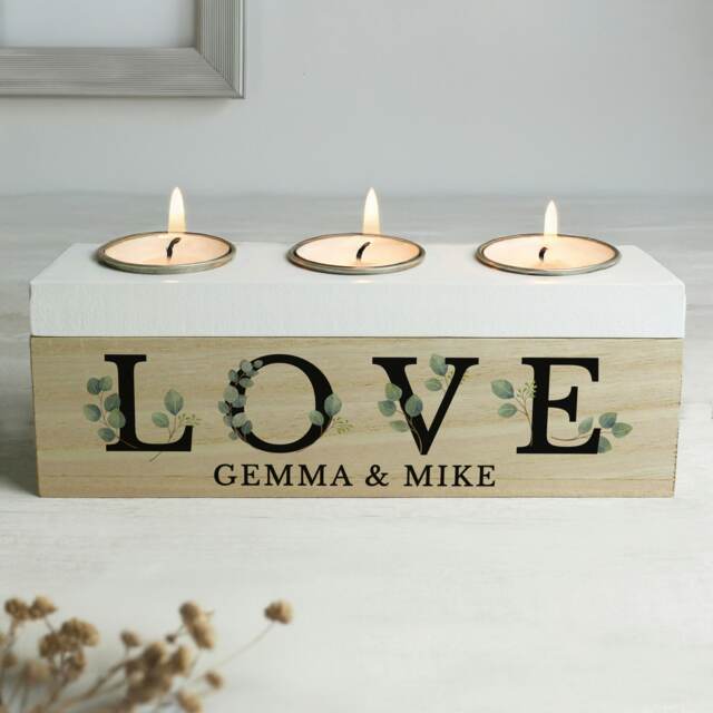 Personalised Wedding Triple Tea Light Box Brown