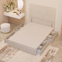 Divan Bed Base with 4 Drawers & Plain Floor Standing Headboard Plush Velvet Cream Ivory