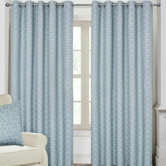 Homescapes Blue Geometric Jacquard Blackout Eyelet Curtain Pair - 46 x 90 Inches Blue Blue