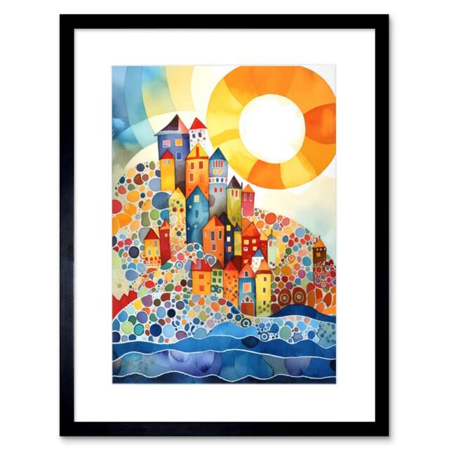 "Sunrise Seaside Harbour Bright Fun 9x7"" Black Framed Wall Art Print"