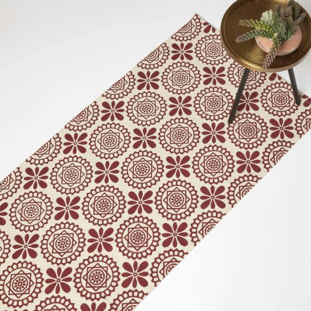 Homescapes Cassia Red Cotton Geometric Hallway Runner Rug - 66 x 200 cm Red Red, Natural