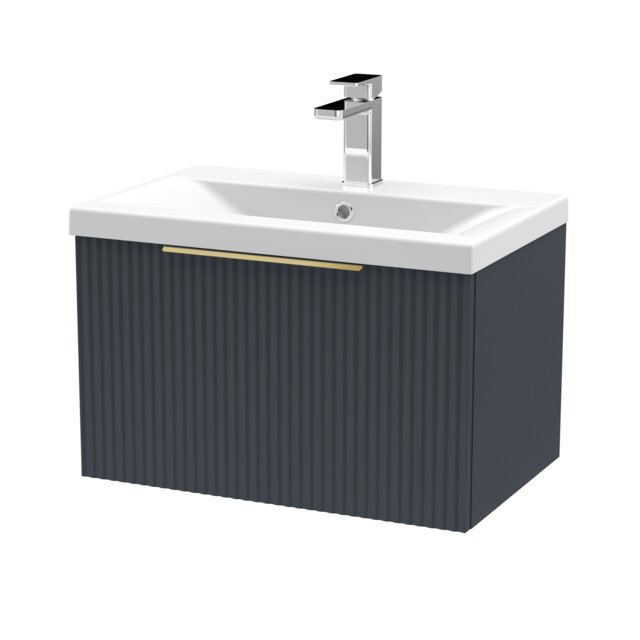 Balterley Fluted Front Wall Hung 1-Drawer Bathroom Vanity Unit with 1 Tap Hole Basin, Handles Grey Soft Black