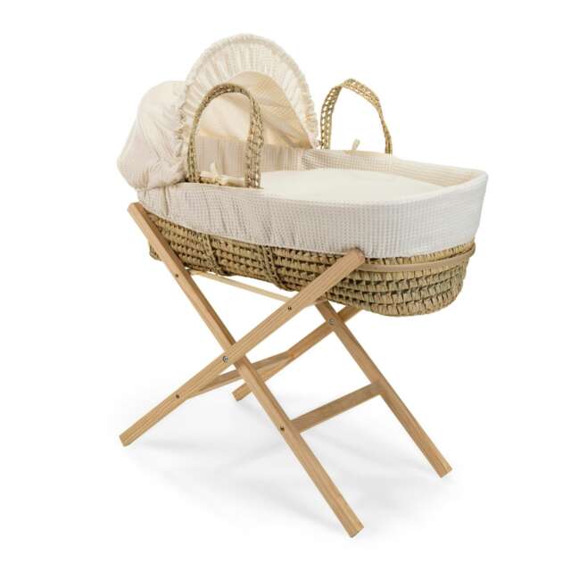 Clair de Lune Waffle Palm Moses Basket With Folding Stand - Cream