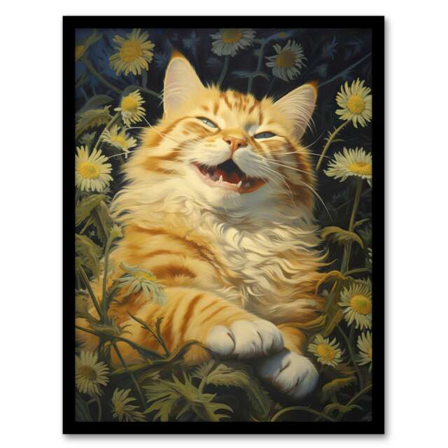 Contented Grinning Ginger Cat Lover Gift Wildflower Black Framed Wall Art Print A4
