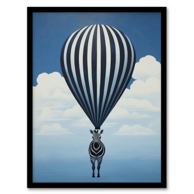 Surreal & Stripes Zebra Balloon Adventures Over Black Framed Wall Art Print A4