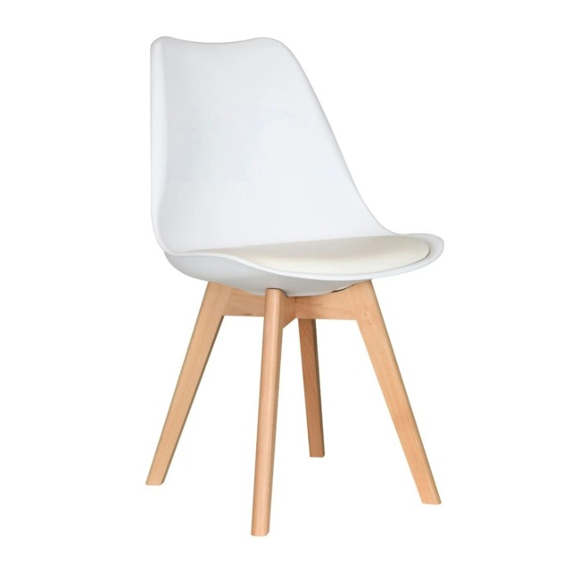 Single Scandinavian Dining Chair with Leather Cushions Solid Wood Legs White