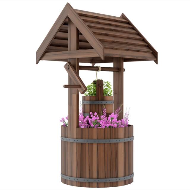 Outsunny Wooden Wishing Well Planter, Flower Planter with Drainage Hole Brown Carbonized brown 51L x 49W x 100H cm