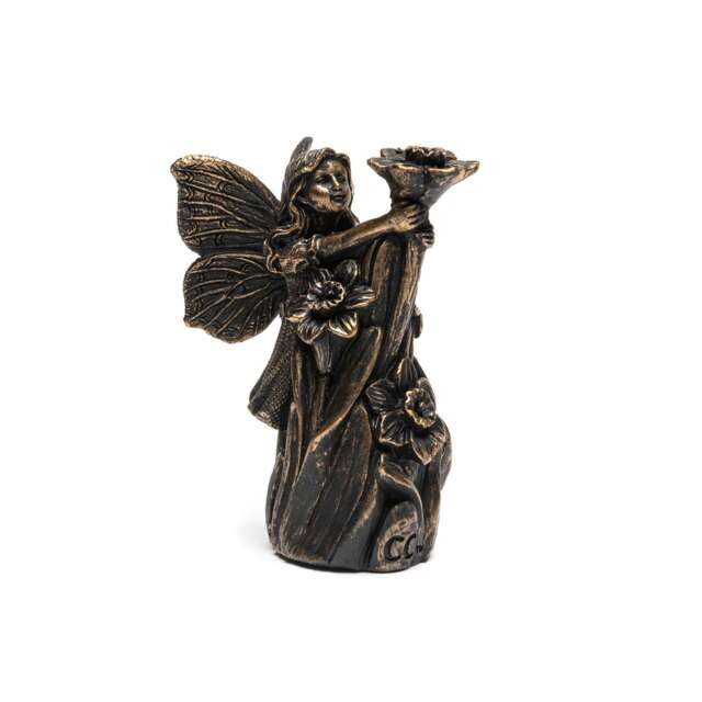 Cane Companions Figurine Antique Bronze Fairy Holding Daffodil