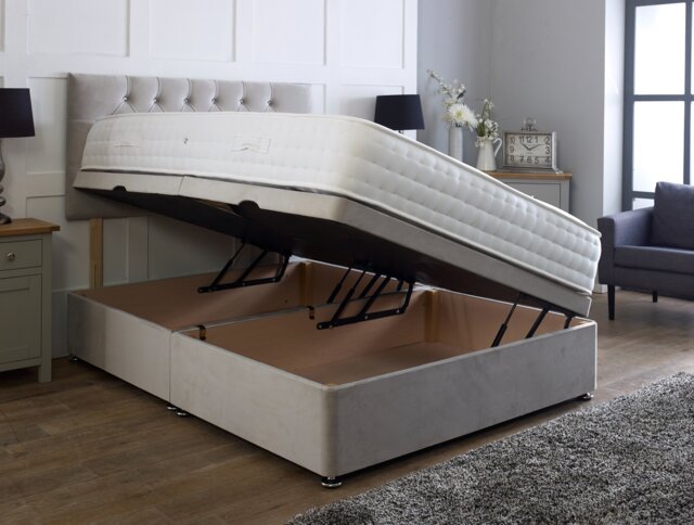 Side Lift 4ft6 Double Silver Plush Ottoman Bed With Headboard and Mattress