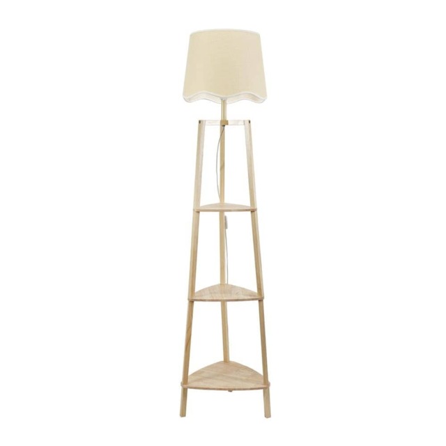 ValueLights Hiru Natural 3 Tier Shelf Floor Lamp White Trim Scallop Shade and Bulb