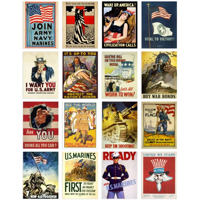 Pack of 16 Vintage World War 2 USA Military Recruitment War Bonds Wall Art Print A4