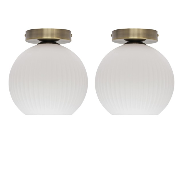 Set of 2 Betchley - White Glass Antique Brass Ceiling Light Fittings