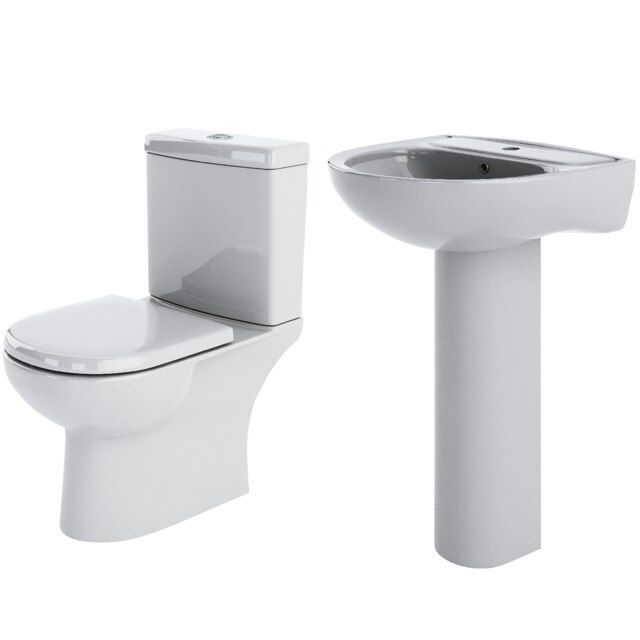 Ridley Ceramic Bundle - Close Coupled Toilet Pan & Cistern Soft Close Seat, 560mm 1 Tap Hole Basin & Full Pedestal Set - Balterley