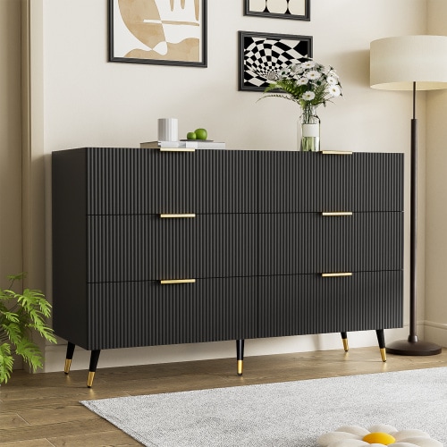 VILUXE 120cm 6-Drawer Sideboard with Wave-Textured Fronts, Gold-Tone Handles and Legs, Black, 120 x 40 x 77cm