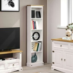 Corona 5-Shelf Tall Narrow Bookcase - Premium Wax Top with Solid Pine Construction and Practical Shelving White White Wax One Size 1